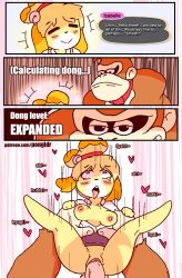 Rule 34 | 1boy, 1girl, ahegao, animal crossing, artist name, barefoot, bell, black eyes, blonde hair, blue skirt, blush, bouncing breasts, breasts, breasts out, character name, closed mouth, clothes lift, comic, constricted pupils, donkey kong, donkey kong (series), english text, erection, closed eyes, furry, green vest, hair tie, half-closed eyes, hands up, happy, heart, hetero, highres, interspecies, isabelle (animal crossing), jaggy lines, jingle bell, looking at viewer, looking up, medium breasts, meme, moaning, motion lines, multiple views, necktie, nintendo, nipples, open mouth, patreon username, pencil skirt, penis, pongldr, pov, pussy, red neckwear, rolling eyes, sex, shirt, short hair, short sleeves, size difference, skirt, skirt lift, smile, speech bubble, spread legs, super smash bros., talking, tears, teeth, testicles, tongue, tongue out, topknot, uncensored, vaginal, vest, watermark, web address, white shirt