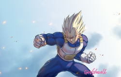 Rule 34 | 1boy, aqua eyes, armor, artist name, blonde hair, clenched hands, closed mouth, commentary request, dragon ball, gloves, hunched over, legs apart, male focus, muscular, naomi (nplusn), solo, spiked hair, super saiyan, super saiyan 1, vegeta, watermark, white gloves