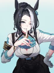 Rule 34 | 1girl, 68er, animal ears, ascot, black hair, blue ascot, blurry, blurry background, breasts, cleavage, cleavage cutout, clothing cutout, forehead, gloves, high-waist skirt, highres, horse ears, horse girl, large breasts, long sleeves, looking at viewer, mejiro ramonu (umamusume), mole, mole under eye, multicolored hair, purple eyes, skirt, smile, solo, streaked hair, two-tone hair, umamusume, wavy hair, white gloves, white hair