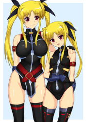 Rule 34 | 00s, 2girls, :o, age difference, arm around neck, arm behind back, armband, bare shoulders, belt, belt skirt, black gloves, black legwear, blonde hair, blue background, blush, bodysuit, breasts, breasts apart, buckle, cameltoe, covered erect nipples, cowboy shot, dual persona, fate testarossa, fate testarossa (lightning form) (2nd), fate testarossa (true sonic form), fingerless gloves, gauntlets, gloves, groin, hair ribbon, halterneck, hand on another&#039;s shoulder, hand on own stomach, highleg, highleg leotard, highres, large breasts, leotard, light smile, long hair, looking at another, looking at viewer, lyrical nanoha, magical girl, mahou shoujo lyrical nanoha, mahou shoujo lyrical nanoha a&#039;s, mahou shoujo lyrical nanoha strikers, mahou shoujo lyrical nanoha the movie 2nd a&#039;s, multiple girls, open mouth, parted bangs, pelvic curtain, red eyes, ribbon, shichimenchou, sidelocks, simple background, small breasts, smile, thighhighs, time paradox, turtleneck, twintails, very long hair
