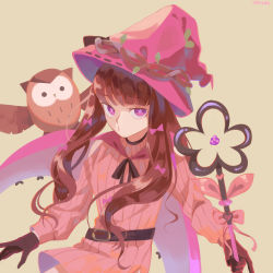Rule 34 | 1girl, belt, belt buckle, bird, black gloves, black ribbon, bow, brown hair, buckle, chinese commentary, commentary request, ellie niunai zhuyi zhe, gloves, hair bow, hat, heart, highres, holding, holding staff, long hair, long sleeves, looking at viewer, neck ribbon, original, owl, pink bow, pink hat, pink pupils, pink sweater, purple eyes, pursed lips, ribbed sweater, ribbon, signature, simple background, solo, staff, sweater, symbol-shaped pupils, upper body, witch hat, x-shaped pupils, yellow background