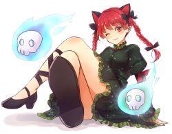 Rule 34 | 1girl, ;), animal ears, black bow, blush, bow, braid, cat ears, closed mouth, commentary request, crossed legs, dress, extra ears, foreshortening, full body, green dress, hair bow, juliet sleeves, kaenbyou rin, konnyaku (yuukachan 51), long sleeves, looking at viewer, one eye closed, puffy sleeves, red eyes, red hair, sitting, skull, smile, solo, touhou, twin braids