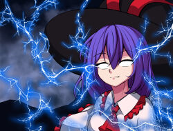 Rule 34 | 1girl, ascot, black headwear, bmkro, closed mouth, commentary, frills, highres, lightning, low tier god, meme, nagae iku, no pupils, purple hair, red ascot, short hair, solo, spanish commentary, touhou, upper body, you should kill yourself now (meme)
