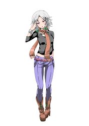 Rule 34 | 1girl, alternate costume, belt, boots, casual, contemporary, denim, female focus, full body, highres, izayoi sakuya, jeans, naodx, pants, pink eyes, ribbon, scarf, shirt, short hair, silver hair, simple background, solo, touhou, white background, wrist cuffs