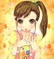 Rule 34 | 10s, 1girl, :p, brown eyes, brown hair, female focus, flower, futami mami, gradient background, idolmaster, idolmaster (classic), idolmaster 2, md5 mismatch, mitsumomo mamu, multicolored nails, nail polish, resolution mismatch, side ponytail, solo, source smaller, tongue, tongue out
