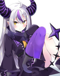 Rule 34 | 1girl, :3, absurdres, ahoge, ankle cuffs, black footwear, blush, braid, closed mouth, coat, convenient censoring, convenient leg, cuffs, demon girl, demon horns, feet out of frame, grey hair, hair between eyes, hand up, highres, hololive, horns, knees up, la+ darknesss, leaning back, legs, long hair, looking to the side, multicolored hair, pointy ears, purple coat, purple hair, shinomiya shino (sinosino141), shiny clothes, shiny skin, single leg pantyhose, sleeves past fingers, sleeves past wrists, solo, streaked hair, striped horns, tail, virtual youtuber, wide sleeves, yellow eyes