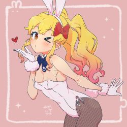 Rule 34 | &gt; o, 1girl, aikatsu! (series), aikatsu stars!, animal ears, artist name, bare shoulders, blonde hair, blowing kiss, blue bow, blue bowtie, blush, bow, bowtie, breasts, brown eyes, cleavage, commentary, covered navel, cowboy shot, dated, detached collar, fake animal ears, fake tail, fishnet pantyhose, fishnets, framed, from side, fur trim, gloves, gradient hair, hair bow, hairband, heart, highres, leaning forward, leotard, long hair, looking at viewer, medium breasts, multicolored hair, nijino yume, one eye closed, pantyhose, pink background, pink hair, playboy bunny, puckered lips, rabbit ears, rabbit tail, red bow, side-tie leotard, signature, simple background, solo, star (symbol), star print, strapless, strapless leotard, susinoyama, tail, twintails, wavy hair, white gloves, white hairband, white leotard, wrist cuffs