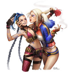 Rule 34 | 2girls, blonde hair, blue hair, braid, cigarette, crossover, dc comics, eyeshadow, female focus, fishnet pantyhose, fishnets, forced, gloves, grabbing another&#039;s hair, gun, harley quinn, highres, image sample, jacket, jinx (league of legends), kim eul bong, league of legends, lipstick mark, long hair, makeup, middle finger, midriff, multicolored hair, multiple girls, navel, pantyhose, pink eyes, simple background, suicide squad, tattoo, thighhighs, twin braids, twintails, very long hair, weapon, yuri