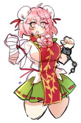 Rule 34 | bandages, breasts, bun cover, chain, chinese clothes, emerald kitty, hair bun, hands up, highres, ibaraki kasen, large breasts, looking at viewer, pink eyes, pink hair, sharp teeth, teeth, thick thighs, thighs, touhou