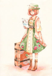 Rule 34 | 1girl, boots, bow, doily, food-themed clothes, hat, hat bow, iinuma chika, luggage, original, painting (medium), porkpie hat, solo, suitcase, traditional media, watercolor (medium)