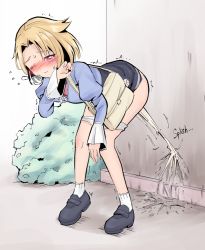 Rule 34 | 1girl, bag, bent over, black footwear, black skirt, blonde hair, blue shirt, blush, bow, bowtie, breath, bush, closed mouth, clothes lift, collared shirt, day, embarrassed, english text, female focus, flying sweatdrops, forehead, frilled shirt, frills, full body, hair intakes, half-closed eye, hand on own knee, hand up, high-waist skirt, juliet sleeves, long sleeves, looking at viewer, miniskirt, miruru (rune (dualhart)), nose blush, one eye closed, original, outdoors, panties, panty pull, pee, peeing, peeing on wall, puffy sleeves, purple eyes, red bow, red bowtie, rune (dualhart), shirt, shirt tucked in, shoes, short hair, shoulder bag, sidelocks, skirt, skirt lift, socks, solo, standing, sweat, tears, trembling, underwear, white panties, white socks, wince