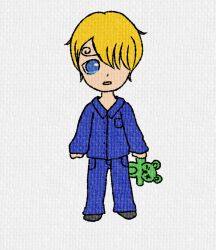 Rule 34 | 1boy, aged down, artist request, black footwear, blonde hair, blue eyes, blue pajamas, child, commentary, crying, curly eyebrows, english commentary, hair over one eye, highres, holding, holding stuffed toy, objectification, one piece, open mouth, pajamas, roronoa zoro, sanji (one piece), solo, source request, stuffed animal, stuffed toy, tears, teddy bear