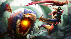 Rule 34 | 1girl, alternate costume, alternate hair color, animal, armor, bad id, bad pixiv id, beak, bird, bow (weapon), crossbow, duck, facing away, flying, from behind, gameplay mechanics, gauntlets, hairpiece, headpiece, highres, holding, holding weapon, hood, league of legends, long hair, monster, open mouth, phoenix quinn, pink hair, powering up, quinn (league of legends), rock, valor (league of legends), weapon, wing (wingho)