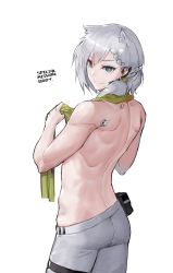 Rule 34 | 1girl, animal ears, back, blue eyes, braid, bright pupils, contrapposto, cowboy shot, doll joints, earphones, english text, from behind, girls&#039; frontline, grey hair, grey pants, highres, joints, ksvk (girls&#039; frontline), looking at viewer, looking back, microphone, mod3 (girls&#039; frontline), muscular, muscular female, pandea work, pants, pouch, simple background, smile, solo, standing, toned, topless, towel, towel around neck, white background