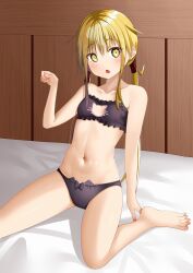 Rule 34 | amano miyako, black bra, black panties, blonde hair, blush, bra, breasts, cat cutout, cat lingerie, chestnut mouth, cleavage, cleavage cutout, clothing cutout, collarbone, commentary request, full body, kantai collection, looking at viewer, medium hair, meme attire, navel, on bed, open mouth, panties, paw pose, ponytail, satsuki (kancolle), sitting, small breasts, underwear, underwear only, wariza, wooden wall, yellow eyes