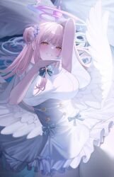 1girl akamin435 arm_up armpits blue_archive breasts dress halo highres large_breasts looking_at_viewer lying mika_(blue_archive) pink_hair solo twitter white_dress white_wings wings yellow_eyes