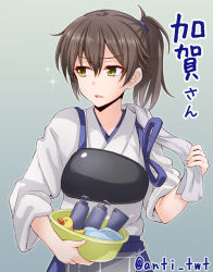 Rule 34 | 10s, 1girl, anti (untea9), basin, brown eyes, brown hair, character name, holding, japanese clothes, kaga (kancolle), kantai collection, muneate, ponytail, rubber duck, simple background, soap bottle, solo, sparkle, tasuki, towel, twitter username