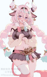 1girl ahoge animal_ears aqua_hair bell belt black_skirt blush bow braid breasts bright_pupils cow_ears cow_horns cow_tail cowbell cowboy_shot detached_sleeves flying_sweatdrops fur_trim genshin_impact hairband hanasaka_(9769z) highres horns large_breasts long_sleeves looking_at_viewer midriff multicolored_hair navel open_mouth pink_hair purple_eyes simple_background single_thighhigh skirt streaked_hair tail teeth thighhighs thighs twin_braids upper_teeth_only varesa_(genshin_impact) yellow_sleeves