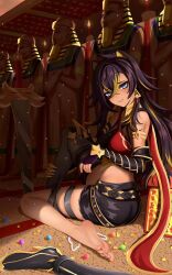 Rule 34 | 1girl, animal ears, barefoot, black hair, blue eyes, boots, unworn boots, dehya (genshin impact), egyptian, feet, genshin impact, highres, light blush, long hair, looking at viewer, multicolored hair, parted lips, shoes, unworn shoes, soles, streaked hair, toes