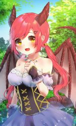 Rule 34 | 1girl, :d, bare shoulders, blurry, blurry background, blush, breasts, brown horns, cleavage, day, dragon horns, dragon tail, dragon wings, fang, highres, horns, jewelry, large breasts, long hair, looking at viewer, low twintails, michiru donut, necklace, open mouth, original, outdoors, pink hair, purple skirt, ring, skirt, smile, solo, standing, tail, twintails, wings, yellow eyes