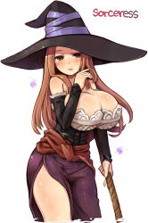 Rule 34 | 1girl, 7010, bare shoulders, breasts, brown eyes, brown hair, cleavage, detached sleeves, dragon&#039;s crown, hat, highres, huge breasts, long hair, side slit, simple background, solo, sorceress (dragon&#039;s crown), staff, witch hat