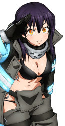 Rule 34 | 1girl, absurdres, arm at side, armpits, bare shoulders, belt, black bra, black coat, black gloves, black hair, black panties, boots, bra, breasts, cleavage, coat, collar, collarbone, collared coat, curvy, en&#039;en no shouboutai, eyelashes, female focus, firefighter, gloves, grey pants, hair between eyes, happy, highres, leaning forward, legs, legs together, long sleeves, looking at viewer, medium breasts, midriff, navel, neck, official art, open clothes, open coat, oversized clothes, panties, pants, panty peek, print coat, print pants, salute, shiny skin, sidelocks, slit pupils, smile, solo, standing, tamaki kotatsu, thighs, third-party edit, twintails, underwear, waist cutout, white background, wide sleeves, yellow eyes