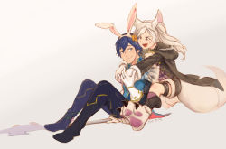Rule 34 | 1boy, 1girl, alternate costume, animal ears, animal hands, blue hair, chrom (fire emblem), claws, fake animal ears, fire emblem, fire emblem awakening, fire emblem heroes, fur trim, gloves, hug, hug from behind, jacket, nintendo, paw gloves, paw shoes, rabbit ears, robin (female) (fire emblem), robin (fire emblem), shoes, short hair, short shorts, shorts, silver hair, tail, tio-trile, twintails, wolf ears, wolf tail
