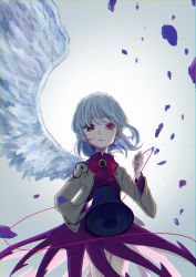 Rule 34 | 1girl, absurdres, backlighting, bow, bowtie, braid, brooch, dress, feathered wings, french braid, gradient background, highres, holding, jacket, jewelry, kishin sagume, long sleeves, looking at viewer, open clothes, open jacket, purple dress, red bow, red eyes, short hair, simple background, single wing, solo, touhou, uzumibi, white wings, wings