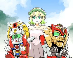 Rule 34 | 1girl, 2others, animal costume, bare shoulders, blonde hair, character request, copyright request, dress, g-forest goddess (ishiyumi), gradient hair, greco-roman clothes, green eyes, green hair, greyscale, gundam, gundam wing, highres, ishiyumi, laurel crown, lion costume, mecha, medium request, monochrome, multicolored hair, multiple others, original, pointy ears, robot, roman clothes, scene reference, sd gundam, sd sengokuden, short dress, short hair, strapless, strapless dress