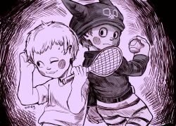 Rule 34 | 2boys, animal ear headwear, animal ears, artist name, ball, beanie, belt, belt buckle, blush stickers, buckle, cat ears, commentary, cowboy shot, crosshatching, danganronpa (series), danganronpa v3: killing harmony, dual persona, english commentary, expressionless, fake animal ears, from behind, greyscale, hat, hatching (texture), holding, holding ball, holding tennis racket, hoshi ryoma, jacket, leather, leather jacket, loiodg, long sleeves, looking at viewer, looking back, looking to the side, male focus, midriff, monochrome, multiple boys, one eye closed, open mouth, pants, purple theme, scratching head, shirt, short hair, short sleeves, smile, striped clothes, striped pants, sweat, t-shirt, tennis ball, upper body, wavy mouth