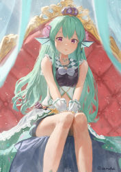 Rule 34 | 1girl, breasts, crown, eyebrows hidden by hair, finana ryugu, finana ryugu (1st costume), fins, fish girl, flower, green hair, green skirt, hair flower, hair ornament, head fins, highres, long hair, looking at viewer, looking down, navel piercing, nijisanji, nijisanji en, piercing, pink flower, purple eyes, seashell, shell, sitting, skirt, small breasts, smile, solo, starfish, throne, virtual youtuber, wrist cuffs, zeradok