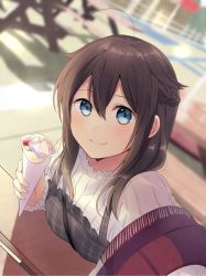 Rule 34 | 1girl, ahoge, alternate costume, blue eyes, blurry, blurry background, blush, braid, breasts, brown hair, crepe, day, dress, food, french braid, hair flaps, hair ornament, hair over shoulder, hair ribbon, holding, holding food, kantai collection, long hair, looking at viewer, medium breasts, outdoors, reaching, reaching towards viewer, ribbon, selfie, shigure (kancolle), shigure kai ni (kancolle), sidelocks, smile, solo, sparkle, strap, yukichi (eikichi)