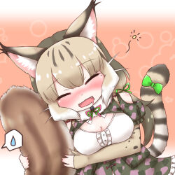 Rule 34 | animal costume, animal ear fluff, animal ears, bare shoulders, blush, cat ears, cat girl, cat tail, chipmunk tail, closed mouth, extra ears, fingerless gloves, gloves, grey hair, highres, jungle cat (kemono friends), kemono friends, kemono friends v project, mabuta (mbt), microphone, multicolored hair, open mouth, ribbon, scarf, shirt, siberian chipmunk (kemono friends), simple background, tail, virtual youtuber