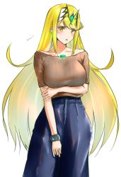 Rule 34 | 1girl, alternate costume, arm under breasts, blonde hair, blue pants, blush, bracelet, breast hold, breasts, brown shirt, casual, collarbone, contemporary, earrings, embarrassed, gem, highres, jewelry, large breasts, long hair, mitsugu, mythra (xenoblade), pants, parted lips, shirt, shirt tucked in, signature, solo, tiara, very long hair, xenoblade chronicles (series), xenoblade chronicles 2, yellow eyes