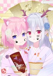 Rule 34 | 2024, 2girls, :o, animal ear fluff, animal ears, blue flower, cat ears, checkered background, chinese zodiac, closed mouth, commentary request, dragon horns, egasumi, facepaint, flower, grey hair, hagoita, hair between eyes, hair flower, hair intakes, hair ornament, highres, holding, horns, japanese clothes, kimono, long sleeves, looking at viewer, multiple girls, obi, original, paddle, parted lips, pink hair, pointy ears, purple eyes, purple kimono, red eyes, sash, smile, year of the dragon, yutsuki warabi