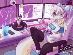 Rule 34 | 1girl, black thighhighs, blue eyes, blue tongue, chair, colored tongue, cup, furry, furry female, headphones, highres, horns, indoors, keyboard (computer), looking at viewer, monitor, nami (teranen), original, sitting, smile, solo, sugoi dekai, teranen, thighhighs, tongue, tongue out, white hair
