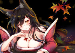 Rule 34 | ahri (league of legends), animal ears, artist name, autumn leaves, bare shoulders, black hair, blush, breasts, cleavage, dated, detached sleeves, fox ears, korean clothes, large breasts, leaf, league of legends, lips, long hair, s-yin, slit pupils, solo, upper body, yellow eyes