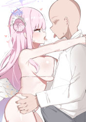 Rule 34 | 1boy, 1girl, @ @, absurdres, angel, angel wings, arms around neck, bald, bikini, blue archive, breast press, breasts, bulge, commentary, doldol (rkwowlqrp), erection, erection under clothes, flower, hair bun, hair flower, hair ornament, heart, hetero, highres, large breasts, long hair, low wings, mika (blue archive), no eyes, pink hair, saliva, single hair bun, sweat, swimsuit, symbol-only commentary, tongue, tongue out, torso grab, very long hair, white bikini, wings