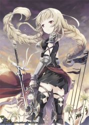 Rule 34 | 1girl, armor, black skirt, blonde hair, blunt bangs, bodysuit, boots, braid, breastplate, cloud, cloudy sky, copyright name, cross, daisy, expressionless, flag, flower, h2so4, hairband, holding, holding flower, long hair, long skirt, looking to the side, outdoors, qurare magic library, red eyes, red skirt, shoulder pads, side braid, skin tight, skirt, sky, solo, standing, sword, thigh boots, thighhighs, twin braids, very long hair, weapon, zettai ryouiki