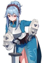 Rule 34 | 1girl, absurdres, armor, blue dress, blue hair, blush, braid, braided bun, breastplate, brown hairband, buckler, dishui tangni, dress, hair between eyes, hair bun, hairband, hand on own hip, highres, leaning on weapon, looking at viewer, red eyes, shield, shiny skin, solo, standing, thighs, unicorn overlord, virginia (unicorn overlord), white background