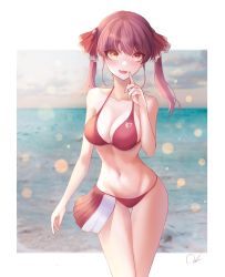 Rule 34 | 1girl, bikini, blurry, blush, bokeh, border, breasts, cleavage, depth of field, fang, finger to mouth, groin, hair ribbon, halterneck, heterochromia, highres, hololive, houshou marine, large breasts, looking at viewer, navel, no eyepatch, oni0417, outside border, red bikini, red eyes, red hair, red ribbon, ribbon, solo, stomach, string bikini, swimsuit, thigh gap, twintails, virtual youtuber, white border, yellow eyes