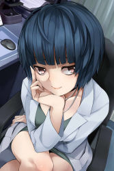 Rule 34 | 1girl, black hair, bob cut, chair, coat, crossed legs, doctor, dress, half-closed eyes, highres, jewelry, mouse (animal), necklace, nemu (nebusokugimi), office chair, persona, persona 5, short hair, sitting, smile, smug, solo, swivel chair, table, takemi tae, thighs