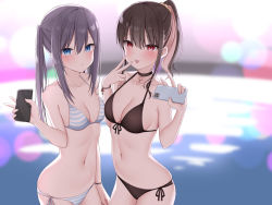 Rule 34 | 2girls, artist request, bikini, black bikini, black choker, blue eyes, blurry, blurry background, breasts, brown hair, cellphone, choker, cleavage, collarbone, grey hair, hair between eyes, highres, medium breasts, midriff, multiple girls, navel, non-web source, open mouth, original, phone, ponytail, red eyes, scrunchie, side-tie bikini bottom, sideboob, skindentation, small breasts, smartphone, source request, stomach, string bikini, striped, swimsuit, tagme, thighs, tongue, tongue out, twintails, yellow scrunchie