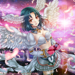 Rule 34 | .hack//, .hack//sign, 00s, 1girl, bandai, blue hair, breasts, brown eyes, cleavage, cyber connect 2, detached sleeves, facial mark, feathered wings, forehead mark, frilled skirt, frills, gift, guilty dragon, head wings, incoming gift, lips, md5 mismatch, midriff, parted lips, puffy short sleeves, puffy sleeves, short sleeves, skirt, smile, solo, star (sky), subaru (.hack//), wings, yuki hanana