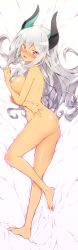 Rule 34 | 1girl, ass, barefoot, bed sheet, beelzebub (slime taoshite 300 nen), blush, breasts, commentary request, completely nude, covering privates, covering breasts, dakimakura (medium), dark-skinned female, dark skin, demon girl, demon horns, embarrassed, fang, fingernails, from above, full body, hair between eyes, hand up, head tilt, highres, horns, large breasts, long hair, looking at viewer, looking to the side, lying, nose blush, nude, on side, open mouth, pink eyes, pointy ears, shiny skin, sidelocks, silver hair, slime taoshite 300 nen shiranai uchi ni level max ni nattemashita, solo, v-shaped eyebrows, v-shaped eyes, yuto (dialique)
