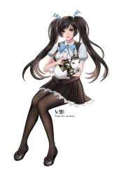 Rule 34 | 1girl, absurdres, artist name, black eyes, black hair, camouflage, cyphers, full body, hair ornament, highres, knees together feet apart, long hair, marlene (cyphers), pantyhose, parted lips, pleated skirt, rabbit, ravaniz, shiny clothes, skirt, twintails, white background