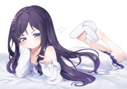 1girl, :t, aiba uiha, bandage, bandaged leg, bandages, bangs, bare shoulders, bed sheet, black hair, blue bow, blue eyes, blush, bow, breasts, cameltoe, camisole, cleavage, closed mouth, collarbone, eyebrows visible through hair, hair bow, hair ornament, hairclip, heart, jacket, kokone (coconeeeco), legs up, long hair, long sleeves, looking at viewer, lying, mole, mole under eye, nijisanji, off shoulder, on stomach, open clothes, open jacket, pleated skirt, pout, shoe soles, skirt, sleeves past wrists, slippers, small breasts, solo, translation request, very long hair, virtual youtuber, white background, white camisole, white footwear, white jacket, white skirt, x hair ornament