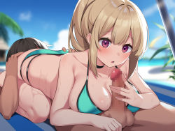 Rule 34 | 1girl, 69, :o, ass grab, beach, bikini, blonde hair, blurry, blurry background, blush, breast rest, breasts, censored, choker, cleavage, cloud, cunnilingus, dangerous rabbit, day, grabbing another&#039;s ass, hair between eyes, high ponytail, highres, large breasts, legs, long hair, lying, mosaic censoring, ocean, on stomach, one side up, open mouth, oral, original, outdoors, penis, red eyes, sky, sweat, swimsuit, thighs, water