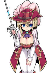 Rule 34 | 1girl, blonde hair, blue eyes, breasts, cleavage, cowboy shot, hat, hat feather, juliet sleeves, large breasts, leaning forward, long sleeves, looking at viewer, nemui (nemui), pants, puffy sleeves, rapier, sabine (sennen sensou aigis), sennen sensou aigis, short hair, simple background, solo, standing, sword, weapon, white background, white pants