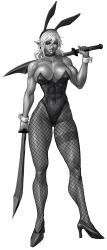 Rule 34 | 1509virgoart, 1girl, abs, breasts, cigarette, commission, covered abs, covered navel, fishnets, greyscale, highres, holding, holding sword, holding weapon, large breasts, leotard, monochrome, muscular, muscular female, navel, original, playboy bunny, pointy ears, short hair, simple background, sword, weapon, white background, white hair